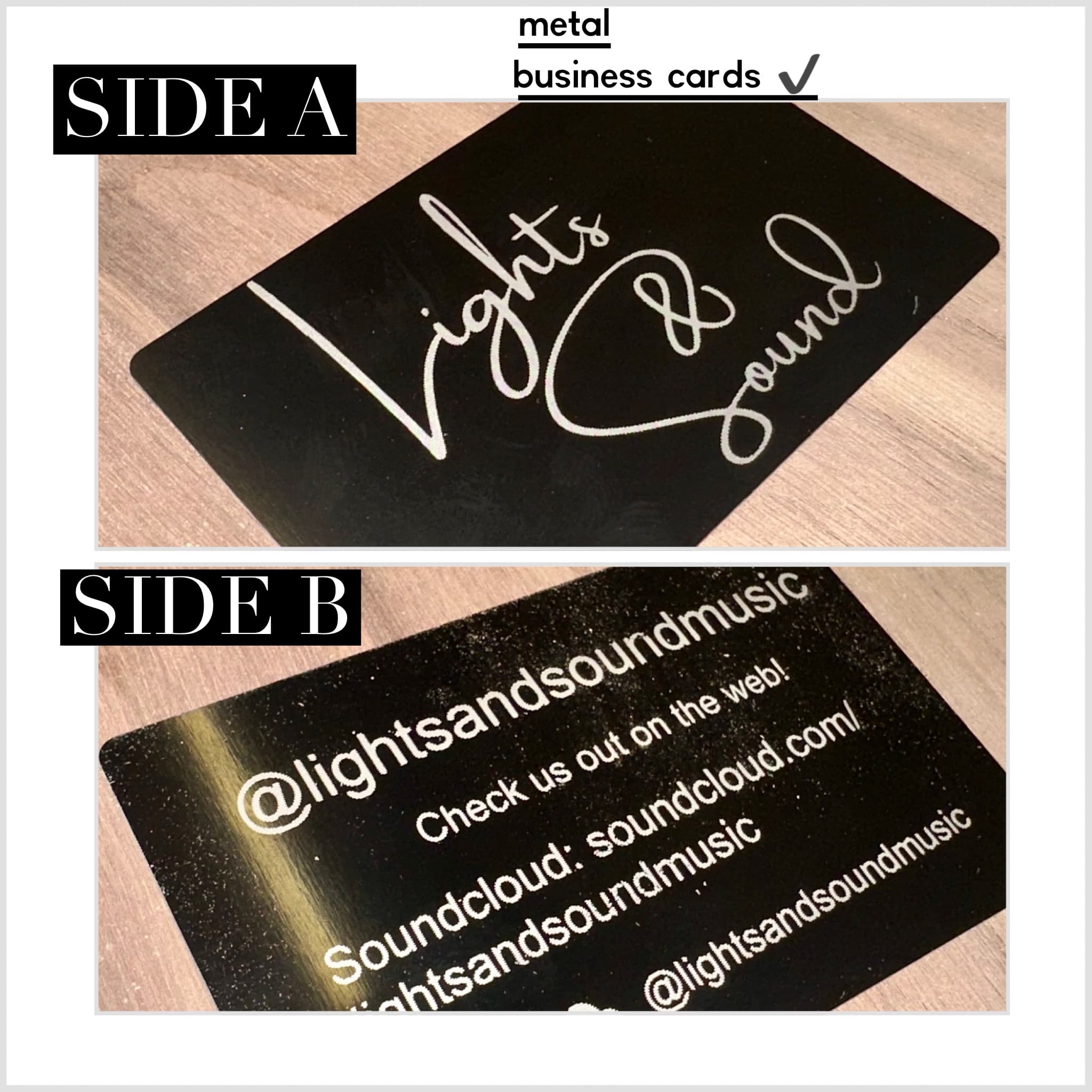 Lights & Sound Metal Cards — laser engraving on anodized metal, Gainesville FL