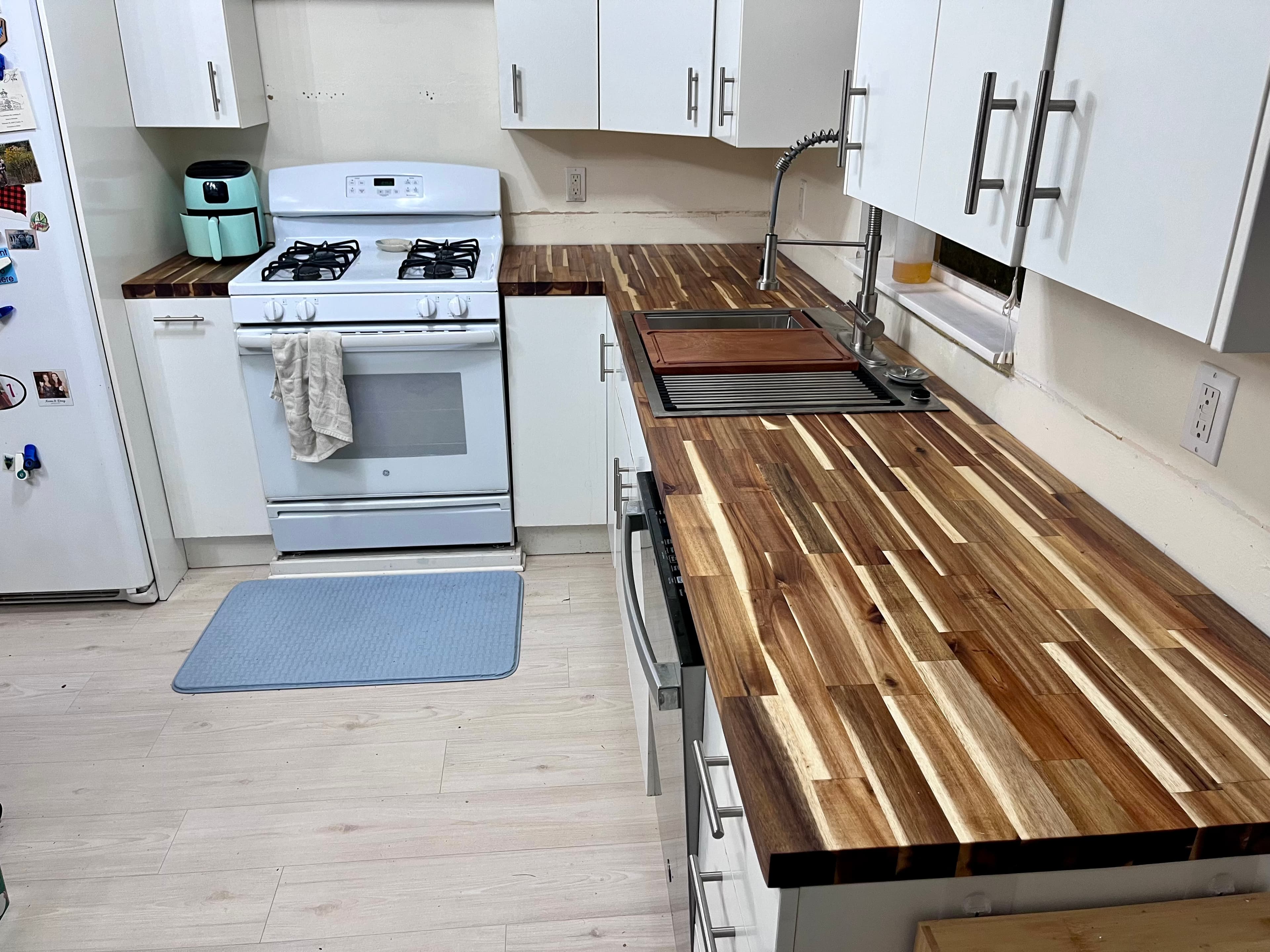 Edge-grain hardwood top installed as a kitchen surface, second elevation