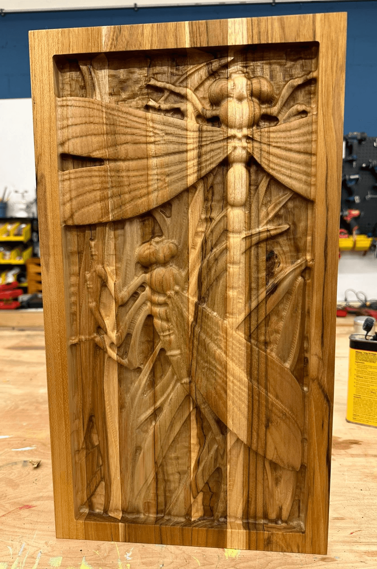 Carved dragonfly door panel, custom CNC millwork