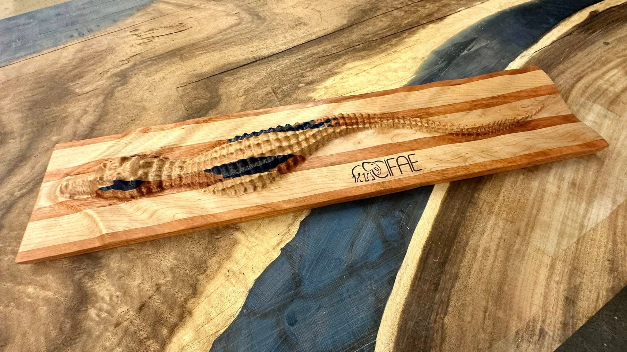 Carved gator on driftwood, Florida CNC art